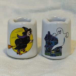 Vintage Russ Berrie & Co., Inc Mini Halloween Ceramic Candle Holders Set Of 2